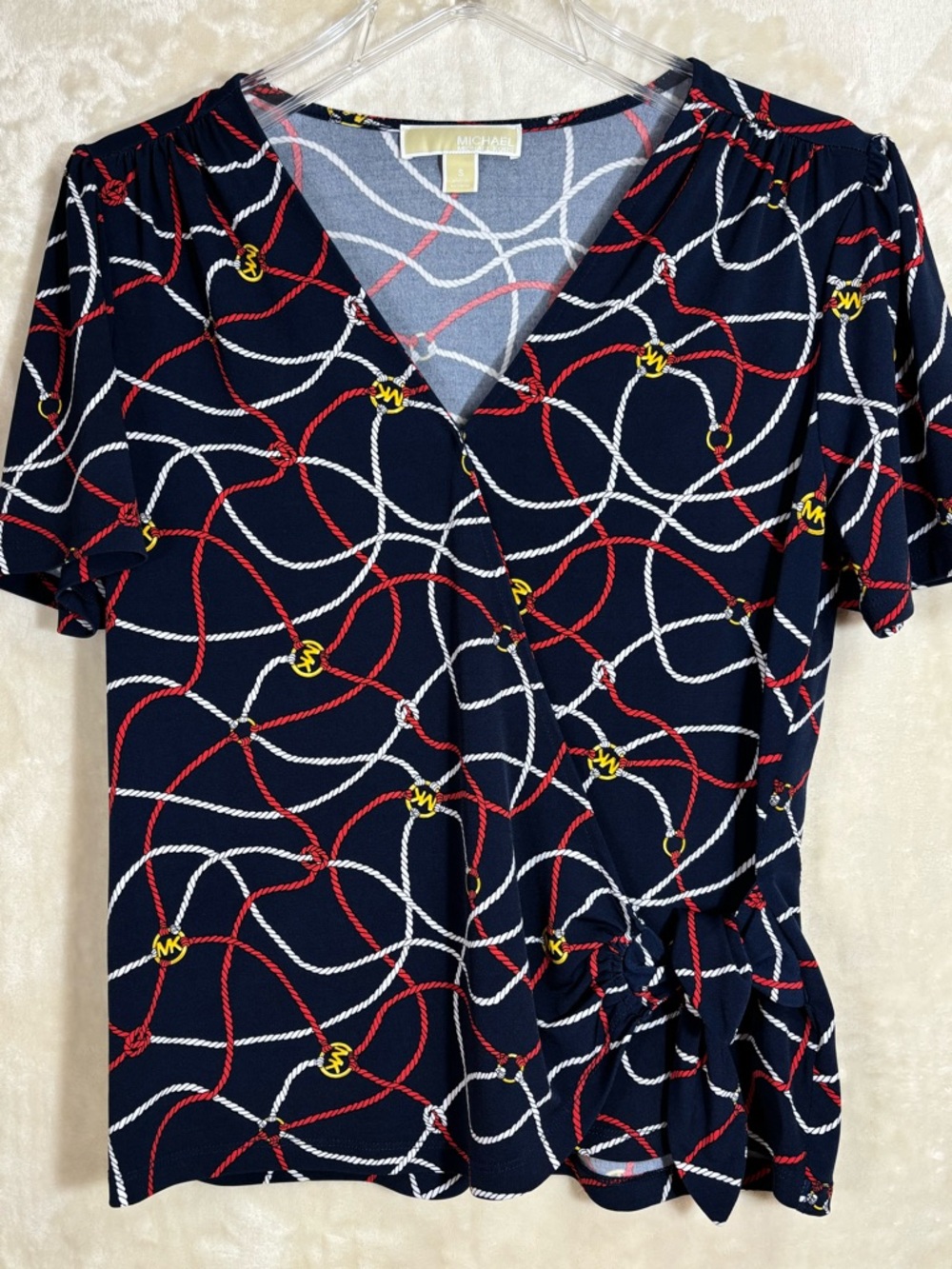 Michael Kors Navy Short-Sleeve Wrap Blouse with Red, White & Yellow Rope Motif